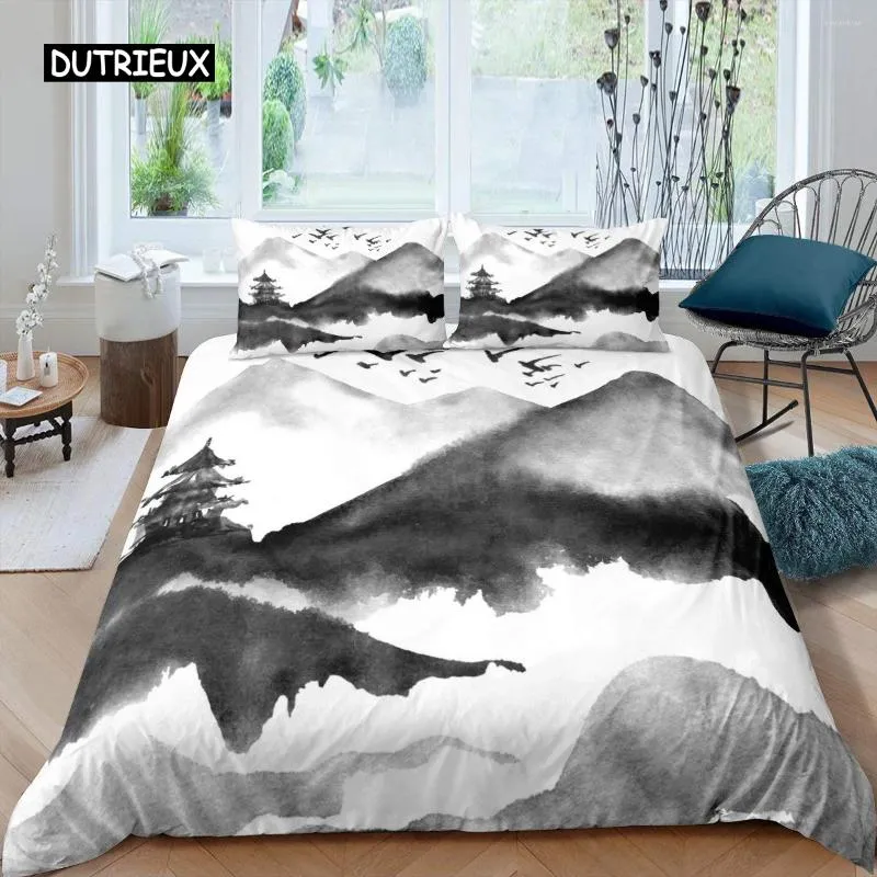 Ensemble de literie peinture à encre coquette de couette en microfibre Abstract Natural Chinese Style Soft Landscape thème 2/3 pcs couette