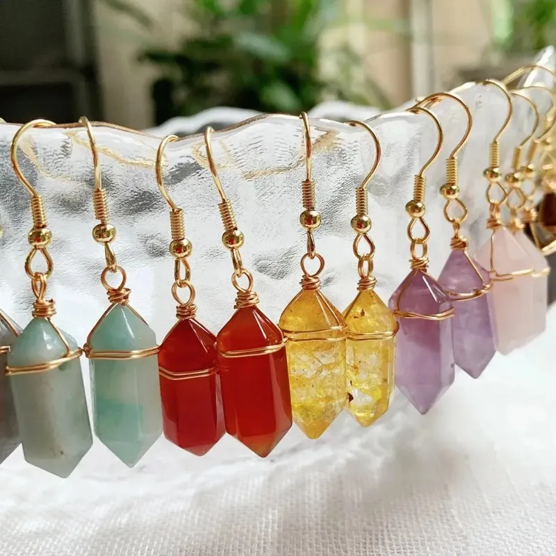 Small Hexagonal prism Natural Stone Drop Earrings Point Bullet Tassel Citrines Pink Quartz Purple Crystal Earring Healing Reiki