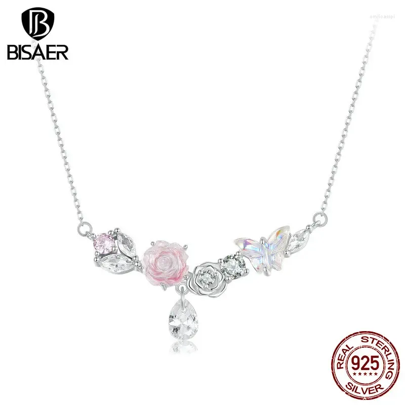 Anhänger BISAER 925 Sterling Silber Magische Schmetterlingsblume Halskette Anhänger Rosa Zirkon Kette Überzogenes Weißgold Für Frauen Edlen Schmuck