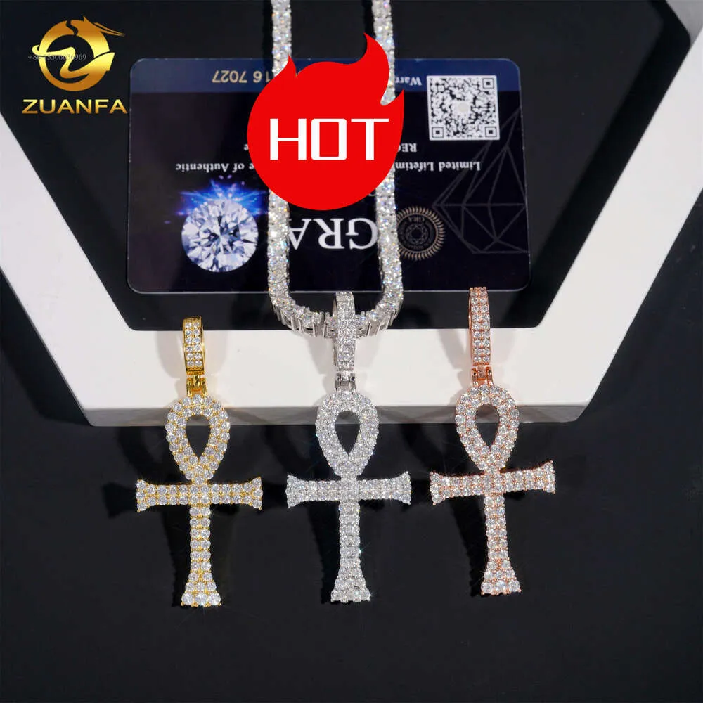 48H Wysyłka 3 Kolory Cross Round VVS Moissanite Diamond Iced Out Sier Men Woman Fashion Fine Jewelry Ankh Pendant