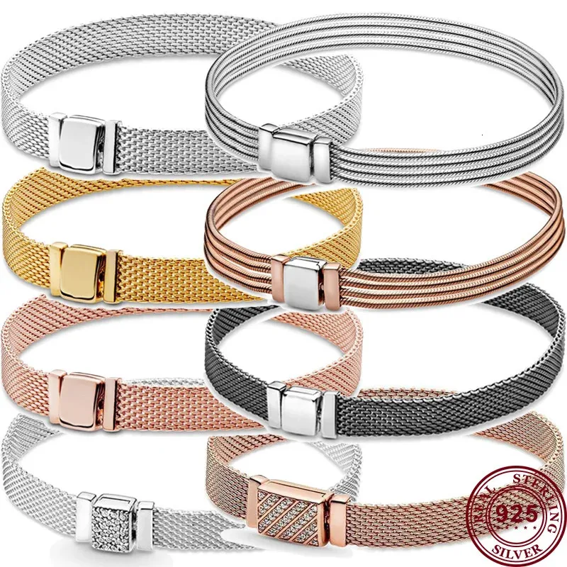 Verkaufe 925 Silber Reflexions Serie Woven Mesh Original Damen Multi Loop Uhr Armband Hochzeit DIY Charm Schmuck 240323