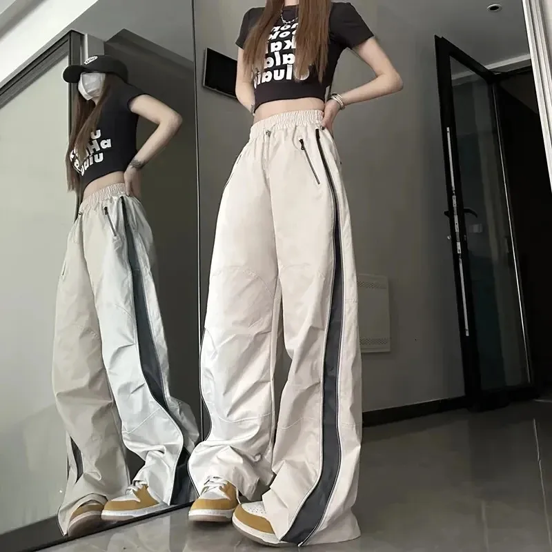 QWEEK Y2K Sweatpants Women Korean Streetwear Techwear Parachute Cargo Pants Harajuku Track Training Wide Leg Trousers 240319