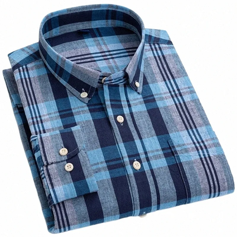 men's Casual Plaid Striped Linen Cott Shirt Single Pocket Butt-down Comfortable Soft Lg Sleeve Standard-fit Checked Shirts 26rD#