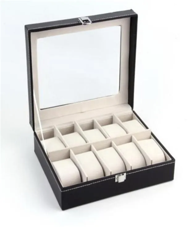 Mode 10 grilles PU cuir boîtes de montre boîte de rangement organisateur de luxe bijoux anneau affichage montre boîtier noir vitrine boîte T200522784331