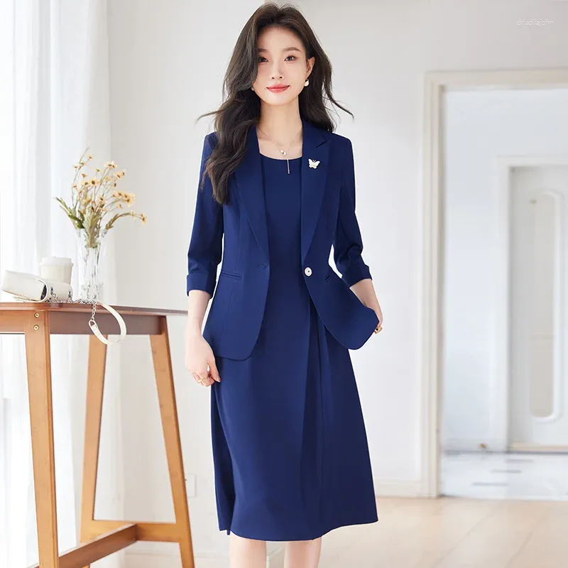 Work Outfits Blue Blazer Womens Work Dress Blazer Suit Set Elegant