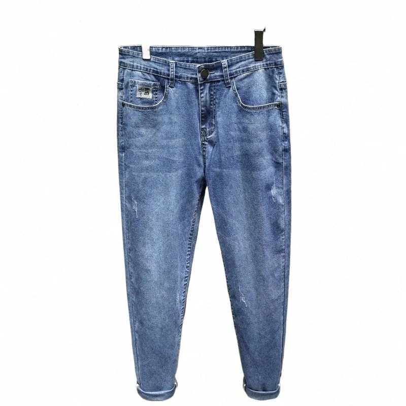 2023 autunno nuovo ricamo Fi jeans slim da uomo stretch confortevole stile classico piccoli piedi pantaloni in denim maschio D2AX #