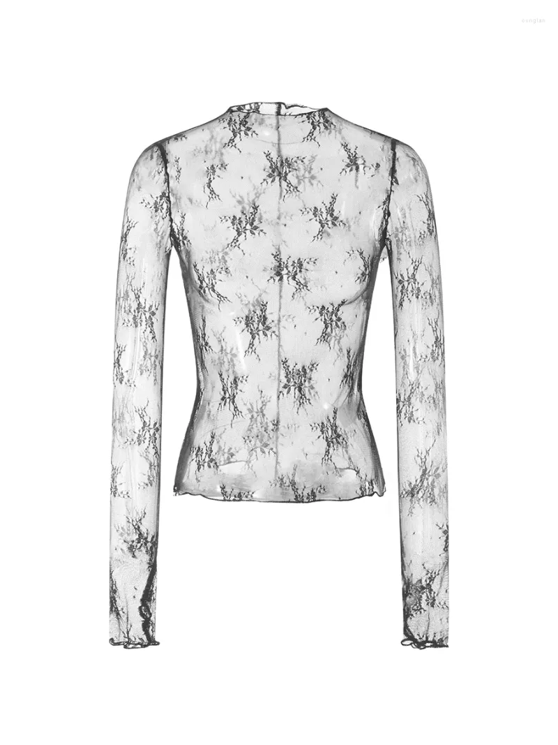 Women's T Shirts Womens Mesh Sheer Long Sleeve T-Shirts Mock Neck Lace Floral See Through Shirt Tops Slim Fit Blouse Streetwear