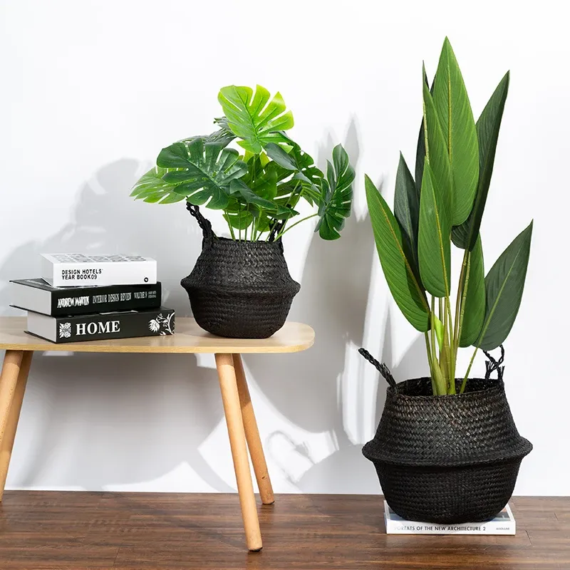 Manden Zwarte opbergmanden Huis Tuin Zeegras Bloem Plant Pot Opvouwbare Rieten Wasmanden Handgemaakte Geweven Organisator Decoratie