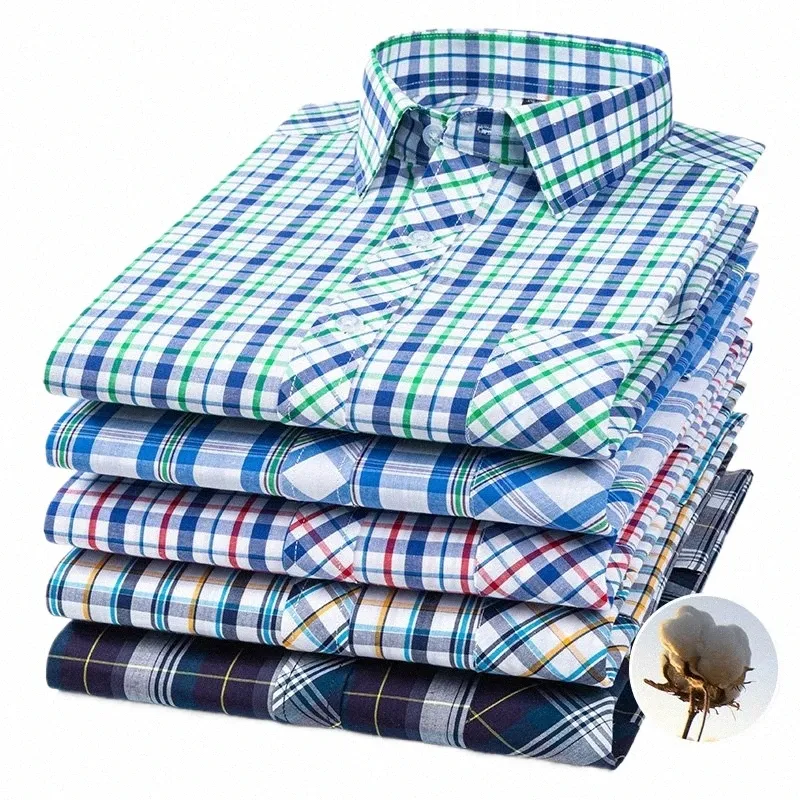 Vår sommar 100% ren Cott Man 'skjorta LG Sleeve Plaid Cool Checkered Shirts Men Busin Casual With Pocket Leisure K6by#