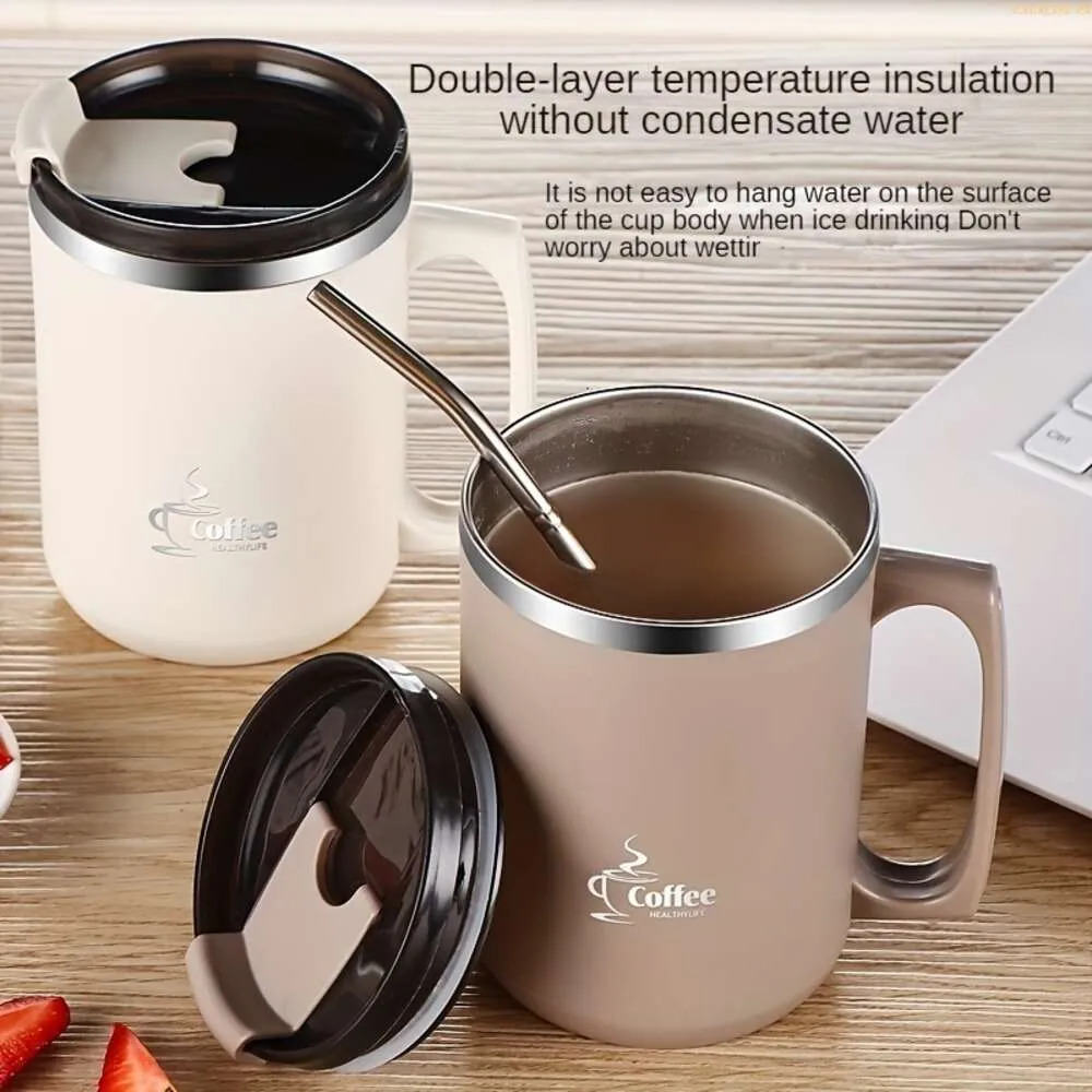 1pc Insulated Coffee Mug, Stainless Steel Water Cup with Straw and Lid