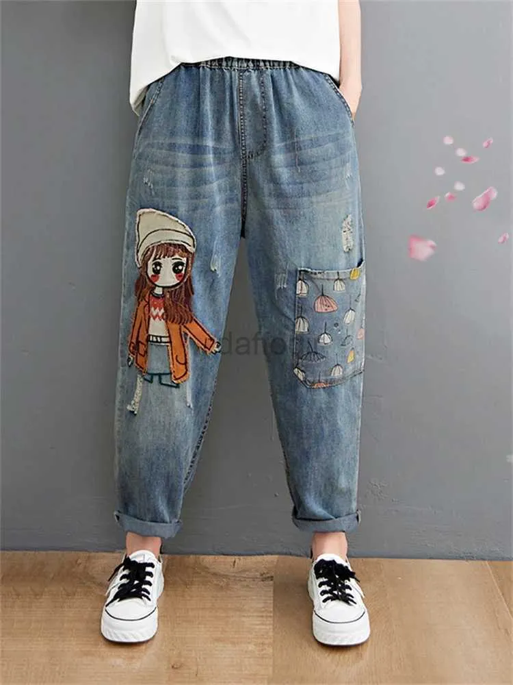 Jeans pour femmes 6537 Cartoon Litter Girl Broderie Denim Pantalon pour femmes Trou tendance Casual Taille haute Pantalons Poches Mom Harem Blue Jeans 24328