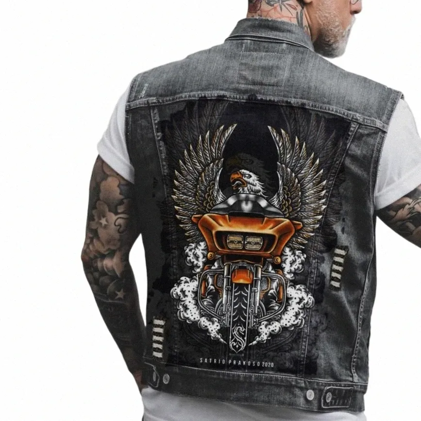 Herren Motorrad Biker Weste Big Wing Eagle Print Distred Hole Punk Rock Sleevl Denim Jacke Schwarz Streetwear Weste P5AX #