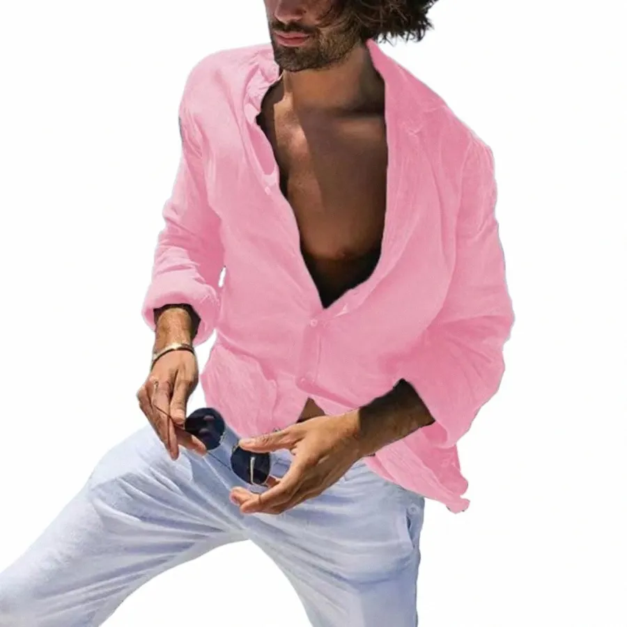 13 kolorów Vintage Cott Linen Shirt Men Casual LG Rękaw Turn-Down Kllar Boho Style Mens koszule plus rozmiar M0D4#