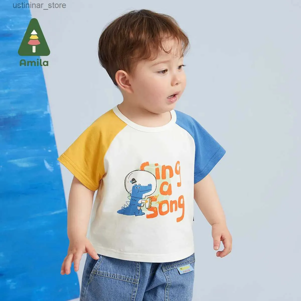 T-shirts Amila Baby T-shirt 2023 Zomer Nieuwe Leuke Oceaan Elementen Mode T-shirt Kinder Bump Kleur Mouwen Jongens Meisjes Kleding 0-6Y24328