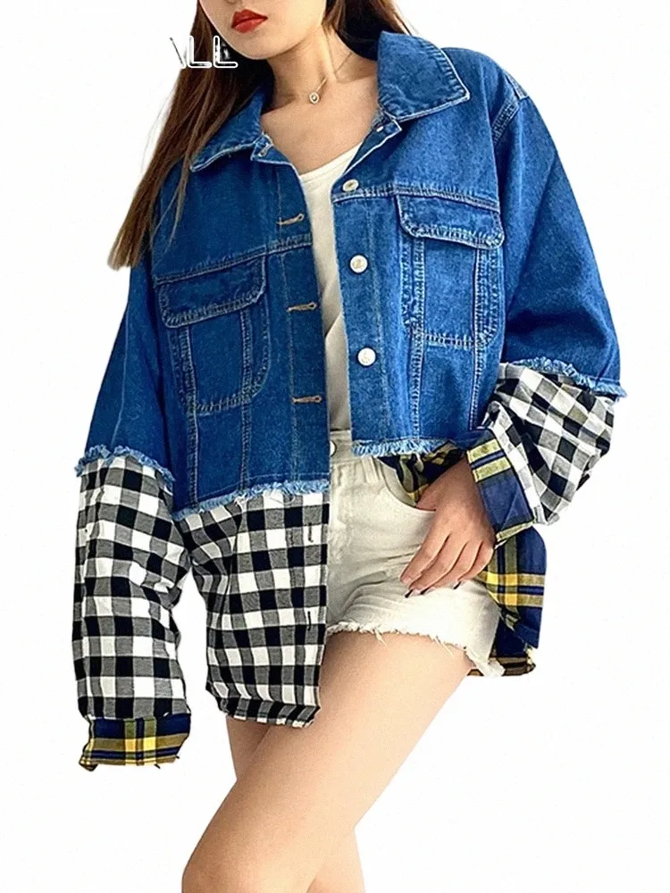 Oneinall Koreaanse Fi Plaid Denim Jas Voor Vrouwen Revers Lg Mouw Patchwork Ruwe Zoom Losse Jassen Vrouwelijke 2021 Kleding Nieuwe k9ZQ #