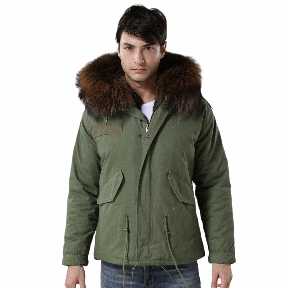 meifng Parka corto con pelliccia sintetica marrone caffè per uomo con collo in pelliccia di procione Cappotto invernale casual 24bM #