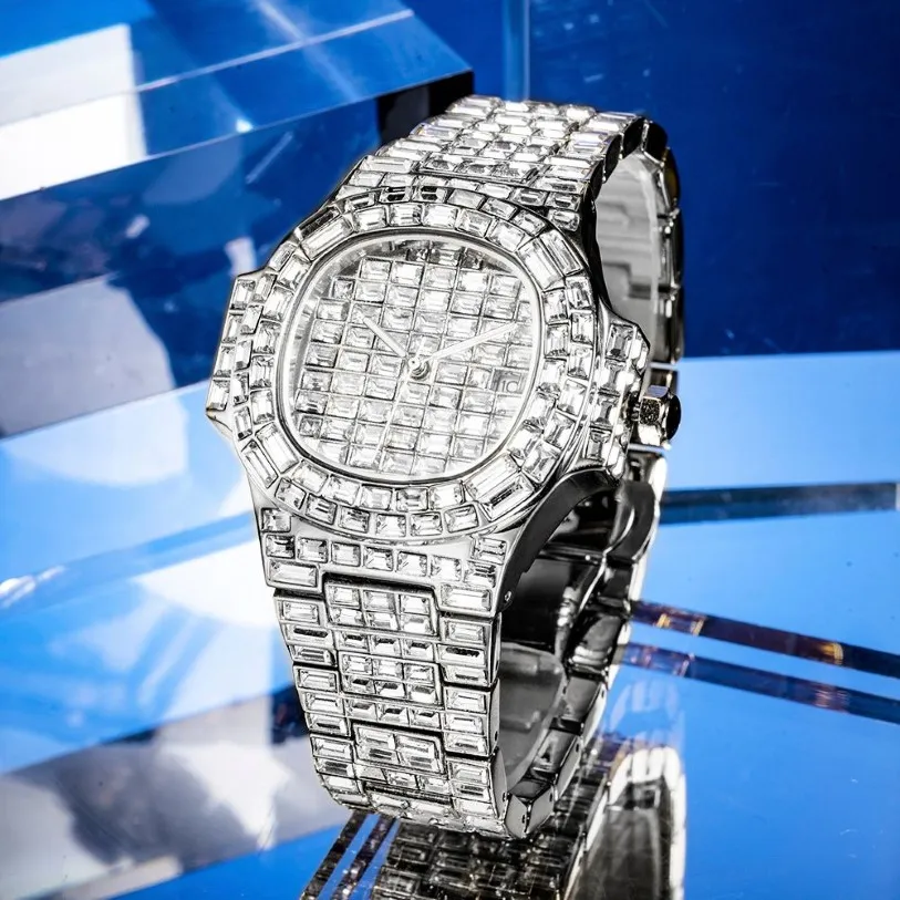 Fully Baguette Diamond Watch Men Hip Hop Style Men Watches Top AAA Quartz Male Wrist Watch Man Jewelry283x