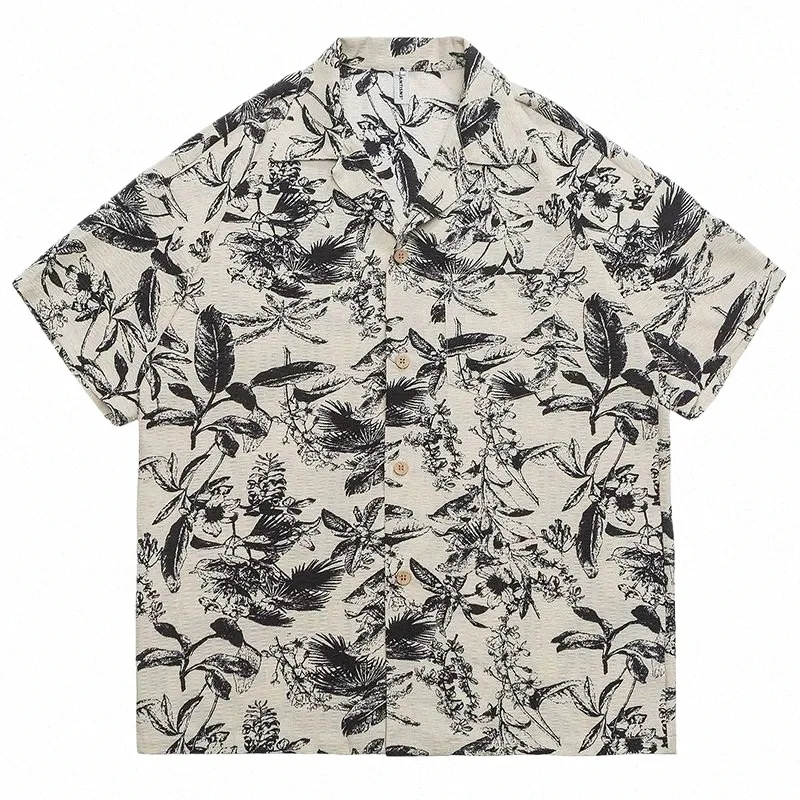oversize Retro Floral Printed Short Sleeve Shirt Loose Casual for Men Shirts Cott Mens Clothing Hawaiian Versatile Shirts i77q#