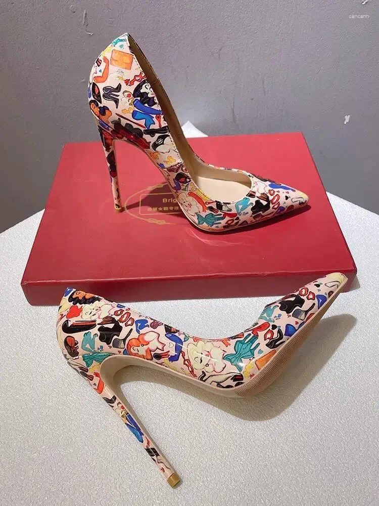 Dress Shoes Graffiti Print Leather Women Pumps Colorful Super High Heels Slip Women'S Party Narrow Pointy Toe 44 45