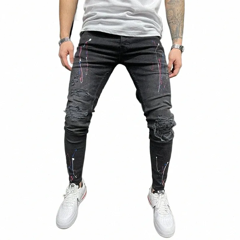 new Jeans Paint For Men Spring Summer Fi Men W Worn Holes Patch Paint printing micro-bullet Small Feet Black Male Denim h81g#