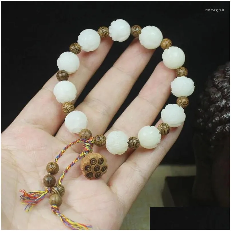 Frisado Strand Branco Jade Bodhi Lotus 12mm Pulseira Diy Moldura Da Porta Spacer Beads Seedpod Pingente Gota Entrega Jóias Pulseiras Otx1Y