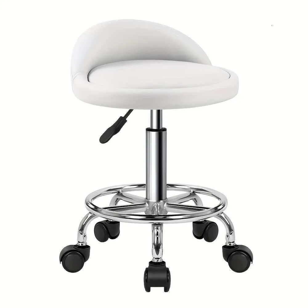 White PU Leather Round Rolling Stool Foot Rest, Height Adjustable Swivel Drafting Work SPA Task Chair with Wheels