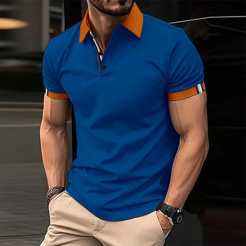 Frühling Sommer Kurzarm Casual Herren Polo Shirts Patchwork Geknöpft Revers Lose Pullover Tops Männer Kleidung Mode Polo T-shirt 240321