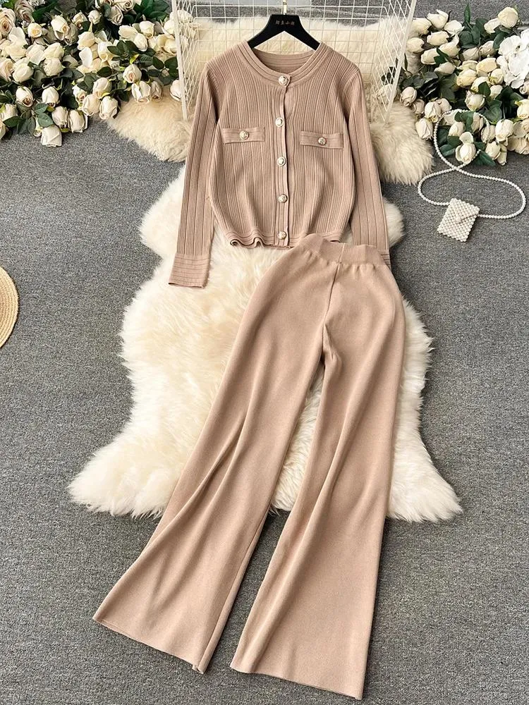 Women's Two Piece Pants Golden Single Breasted Cardigan Sweater And Wide Leg Trousers Set For Women Casual Knit Matching Outfit