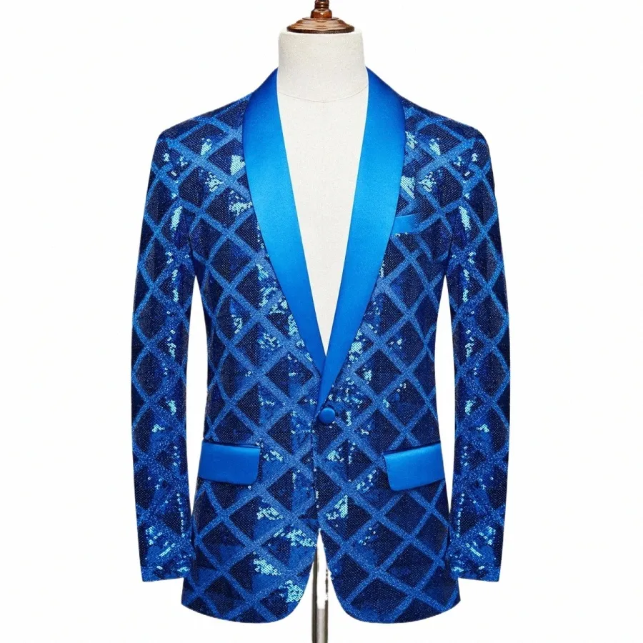 Hommes Glitter Bleu Paillettes Costume Blazer 2023 Luxe Nouveau Châle Revers Un Butt Blazer Veste Partie Scène Bal Danseur Chanteur Tuxedos v5R5 #