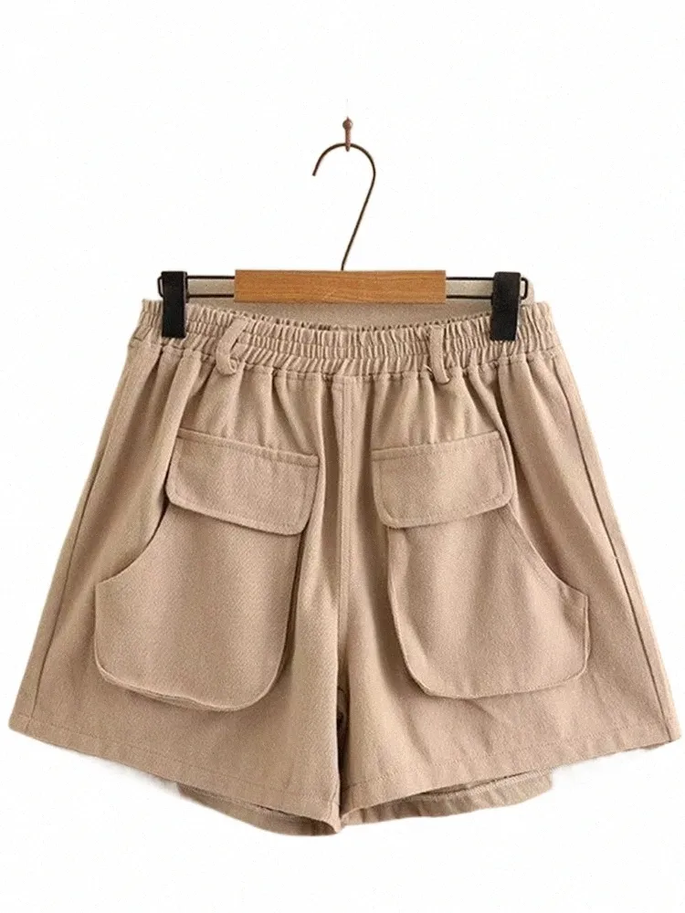 Plus Size Damen Sommershorts Twill Blend Cott Shorts mit weitem Bein und großen Taschen an den Vorderseiten Locker sitzende dünne Hose s2te#