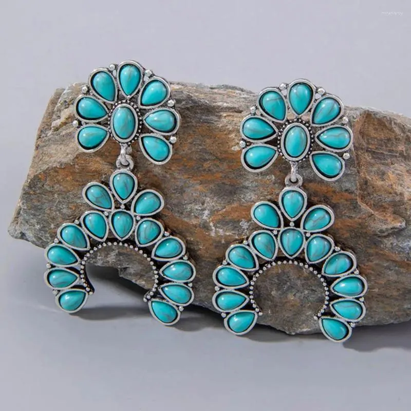 Dangle Earrings Bohemian Style Flower Shape Turquoise Drop For Women Retro Western Ear Jewelry Prom Party