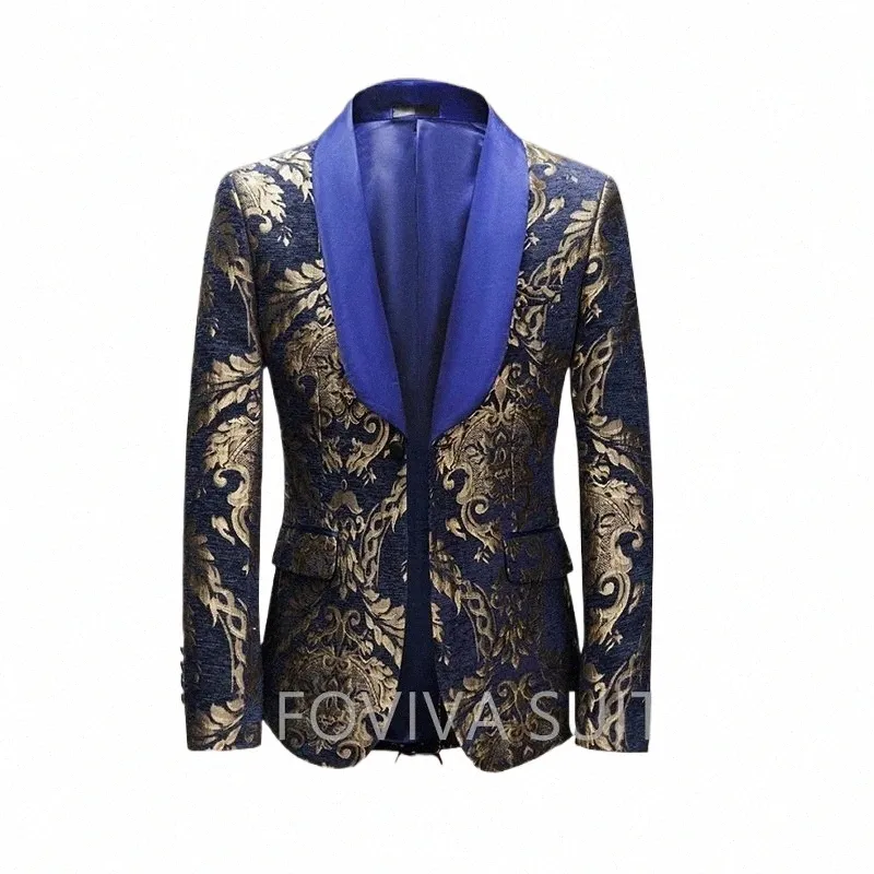 Jacquard-Blazer für Männer Prom Slim Fit 1 Stück Männlich Fi Raucherjacke Schal Revers Blumenanzug Mantel 2024 N7rH #