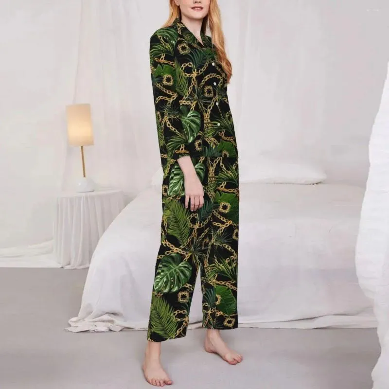 Hauskleidung Barockdruck Pyjamas Frauen Tropische Palmblätter Kawaii Daily Nachtwäsche Frühling Zwei -Stück Vintage Übergroßer maßgeschneiderter Anzug