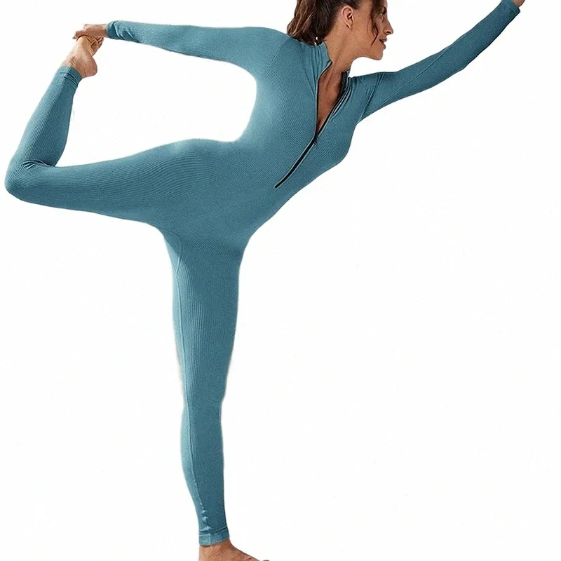 Macacão esportivo feminino com nervuras apertado corpo ternos sexy outfit fitn treino yoga lg manga bodysuit zíper macacão casual 2023 c9xc #