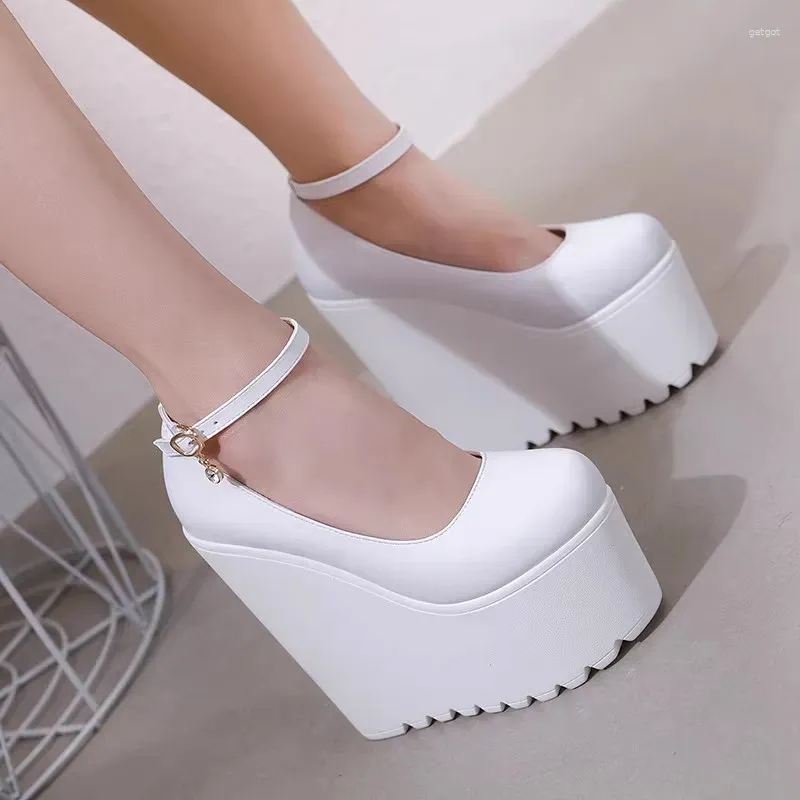 Geklede schoenen 16 cm ronde kop platform super hoge hak dikke dames zwart-witte pumps voor dames sexy wiggen