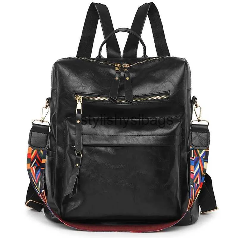 Backpack Style Sacs à bandoulière 2023 Nouvelles femmes de luxe en cuir PU sac à dos voyage grande capacité mode rétro sac d'école large sangle filles sacs à dos H240328