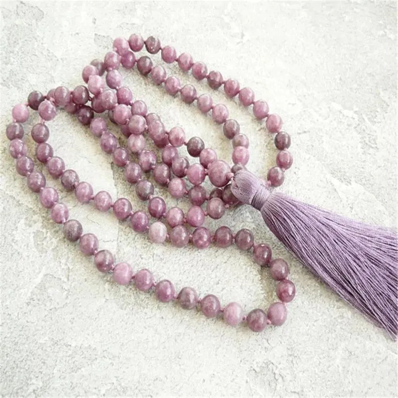 펜던트 6mm Lepidolite 보석 108 구슬 Mala Tassel Necklace 영성 액세서리기도 축복 요가 불교 Reiki