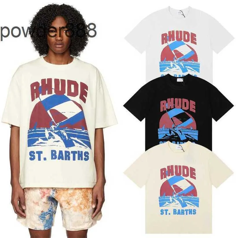 Rhude Windsurf Sail Surf Print alta qualidade fio duplo puro algodão casual camiseta de manga curta para homens e mulheres