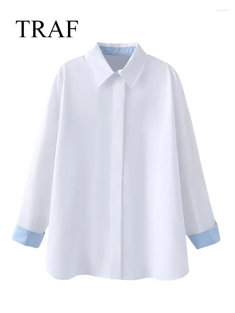 여성용 블라우스 TFMLN 2024 봄 여름 여성 포플린 셔츠 패션 스 플린 스 플린트 슬리브 오버 사이즈 탑 캐주얼 우아한 얇은 격자 무늬