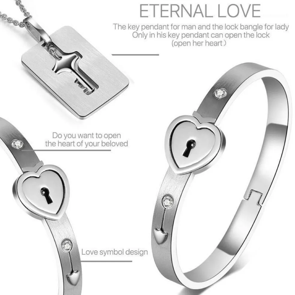 Paar Titanium Stalen Slot Bangle Armband En Sleutel Hanger Ketting Liefde Set Vrouwen Mannen Liefhebbers Jewelry228e