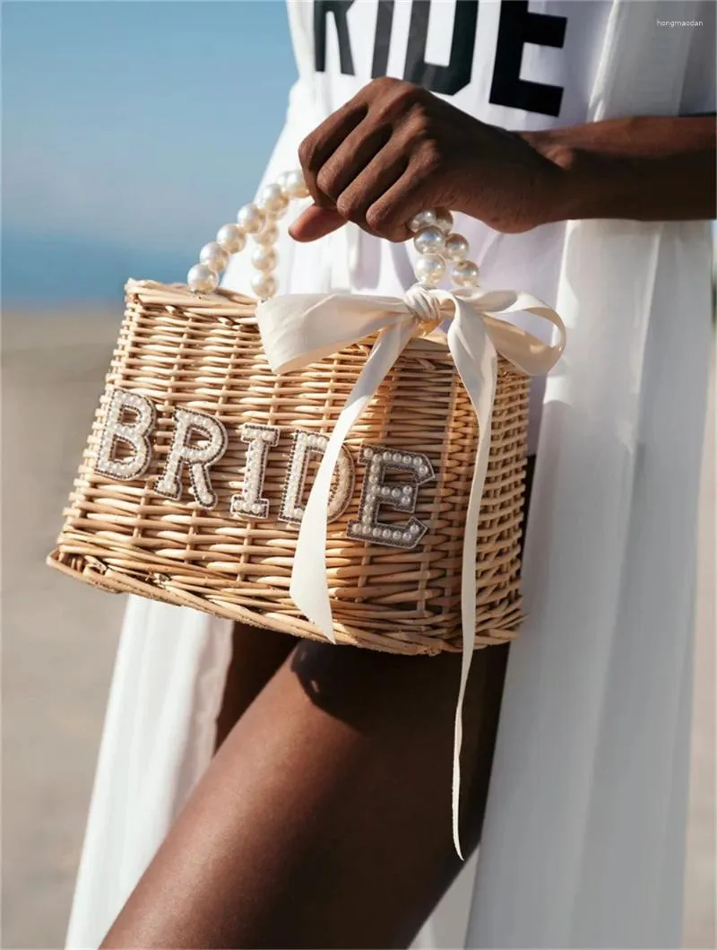 Sacos de armazenamento Saco de praia personalizado da noiva com pérolas e arco personalizado palha nupcial saco personalizado