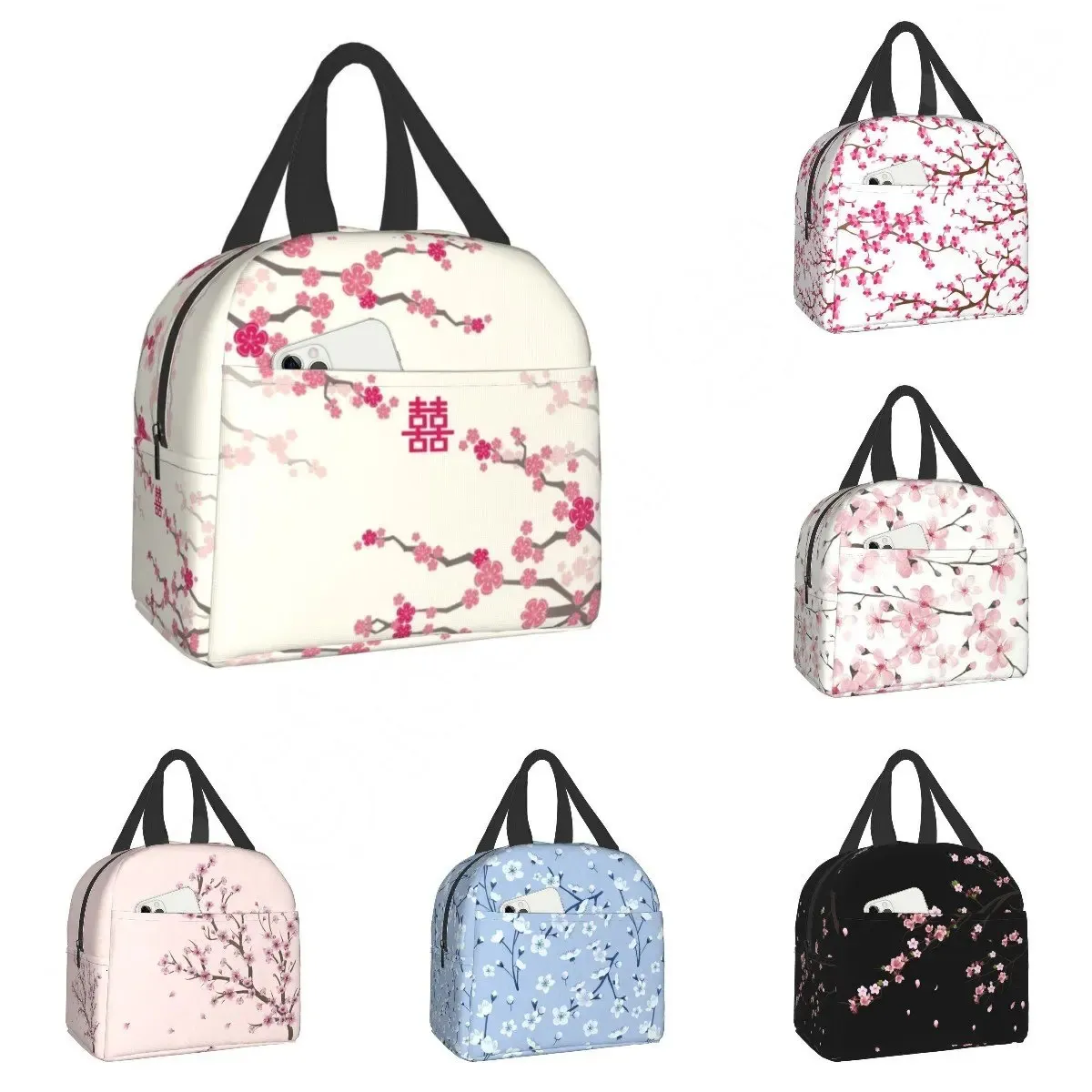 Japanese Sakura Cherry Blossoms Insulated Lunch Bags for Women Resuable Thermal Cooler Flowers Bento Box Kids School Children 240320