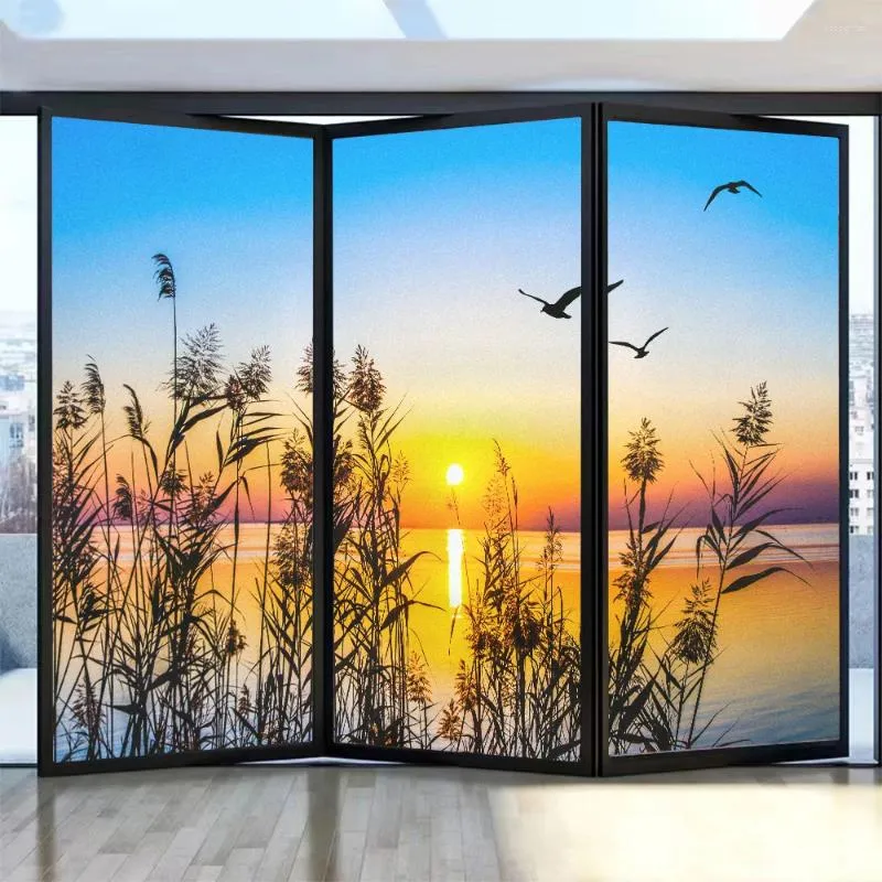 Window Stickers Privacy Film Lake View Sunset Pattern Frosted Glass Sun Blocking Glue-Free Static Adhesive Bathroom Door