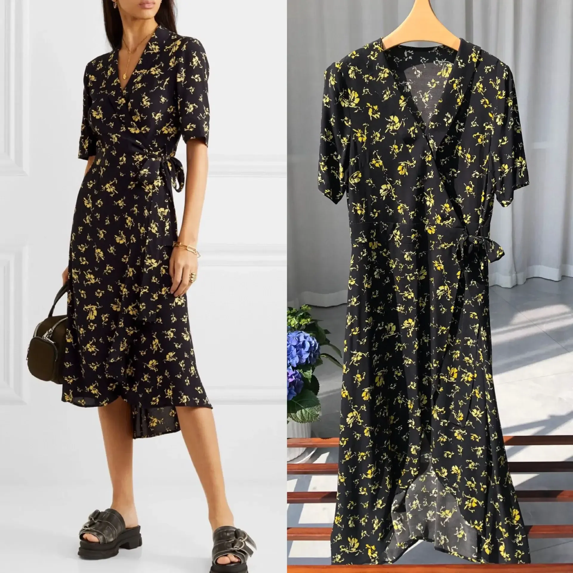 French style floral black wrap dress with black background and yellow flowers for women's summer tea break dress dress