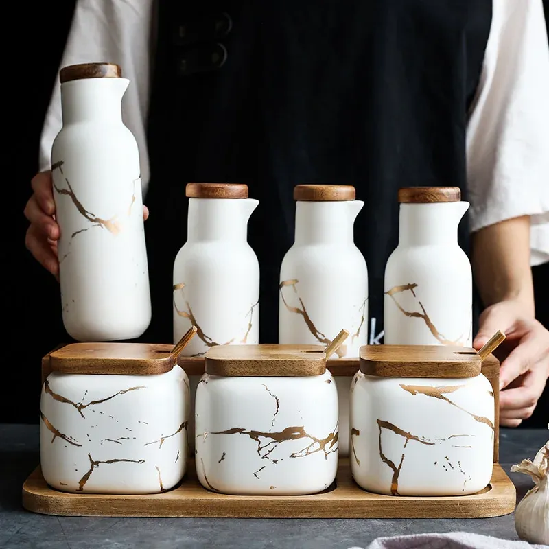 Bocaux Ensemble de pots à épices en marbre, Pot d'assaisonnement en céramique pour récipient de cuisine, accessoires, support d'assaisonnement, sel, sucre, poivrière, boîte de rangement
