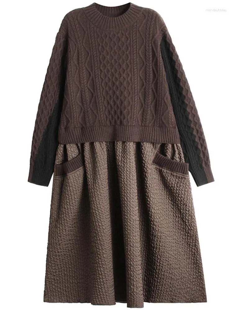 Sukienki swobodne Vintage unikalna modna mody panelowa sukienka kieszonkowa luźna pullover maxi kobiety 2024 wiosenna zima x708