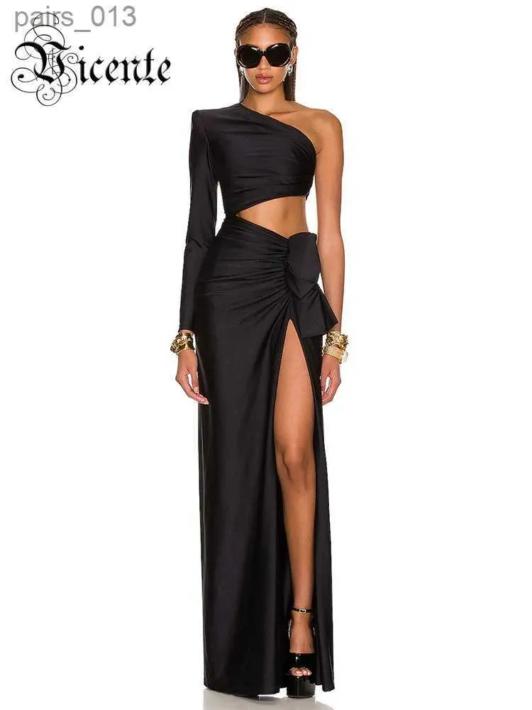 Basic Casual Dresses VC Black Long Dress Women Diagonal Collar One-Shoulder High Slit Ruched Design Evening Party 2022 Autumn Winter New yq240328