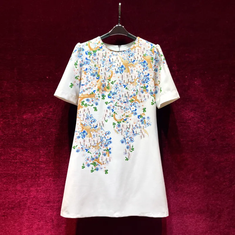2024 Spring White Floral Paisley Print Dress Kort ärm Runda nacke Rhinestone Kne-Length Casual Dresses X4M2612306