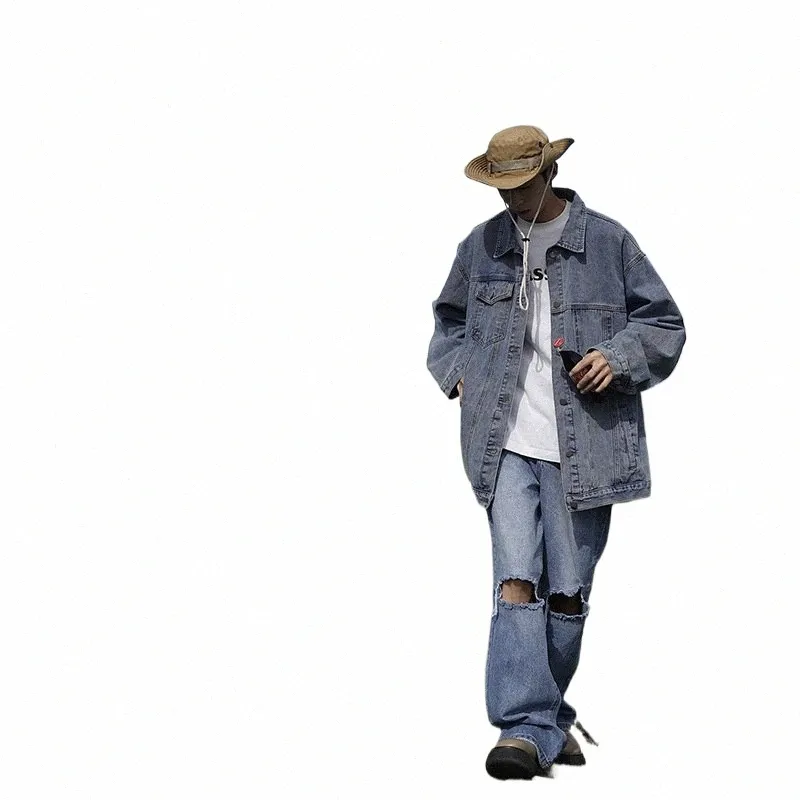Jeansjacke Herrenbekleidung Revers Tough Vintage Jacke Denim Lg Sleeve Denim Schwarz Grau Baggy Cowboy Mantel Männlich Frühling Herbst q9eW #