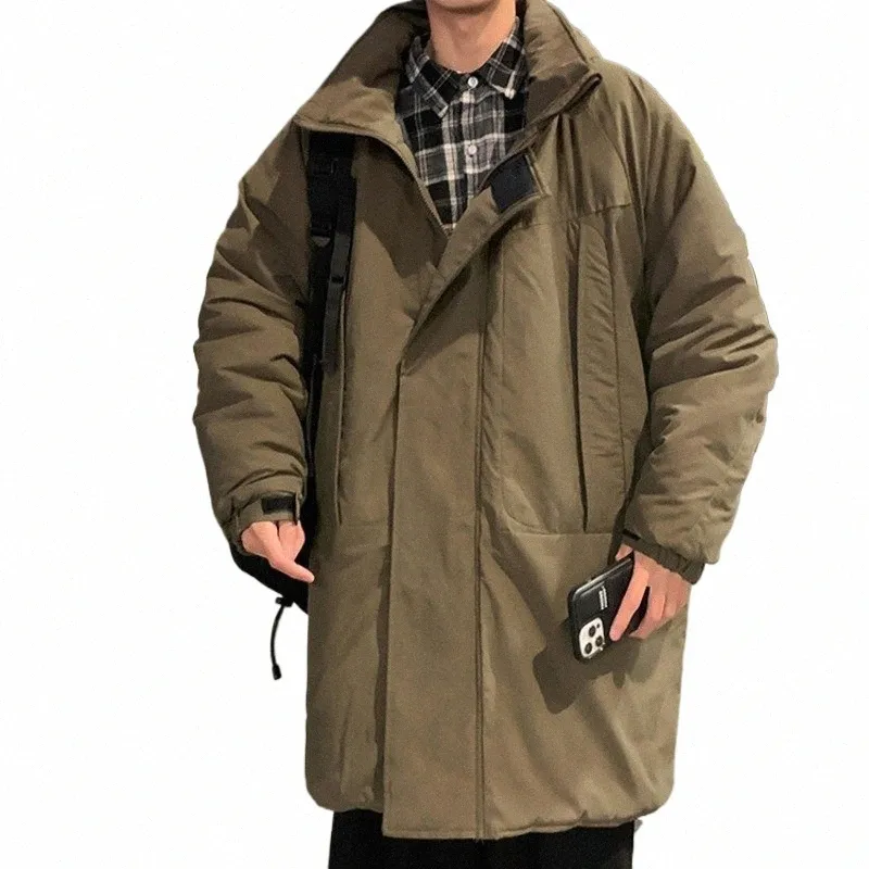 Cargo Parkas Männer Japanische Straße Einfache Lose Lg Mit Kapuze Mäntel Zip Up Solide Winter Neu Trendy Outwear Freizeit Vintage Ins O2AQ #